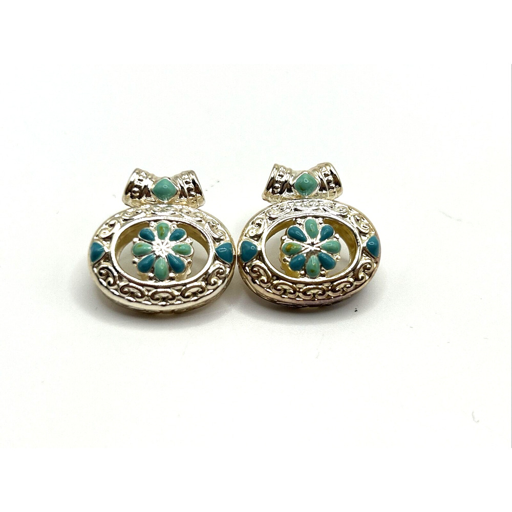 Vtg Best Silver Tone Blue Green Post Pierced Earrings Swirl Filigree Signed